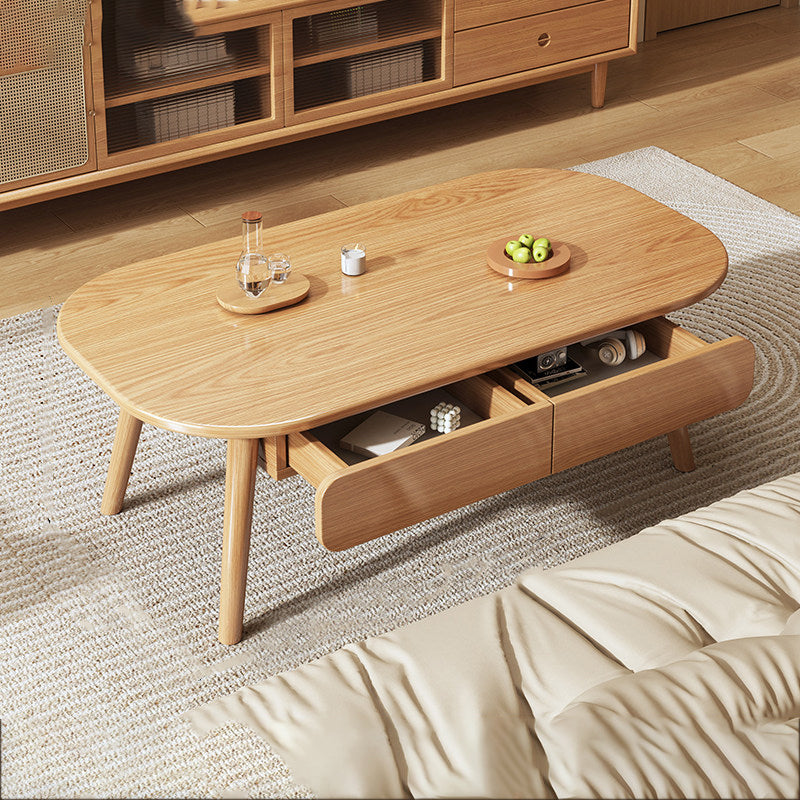 Contemporary Scandinavian Rectangular Multi-Layer Solid Wood Panel Plywood Drawer Beech Legs Coffee Table 2-Drawer For Living Room