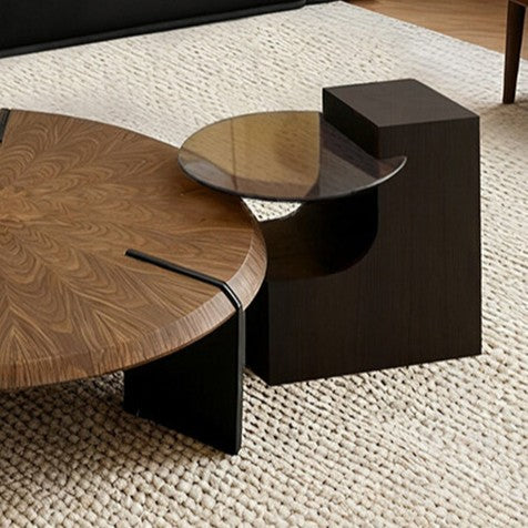 Traditional Vintage Round Multi-Layer Solid Wood Panel Tempered Glass Acrylic Stainless Steel Coffee Table For Living Room