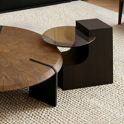 Traditional Vintage Round Multi-Layer Solid Wood Panel Tempered Glass Acrylic Stainless Steel Coffee Table For Living Room