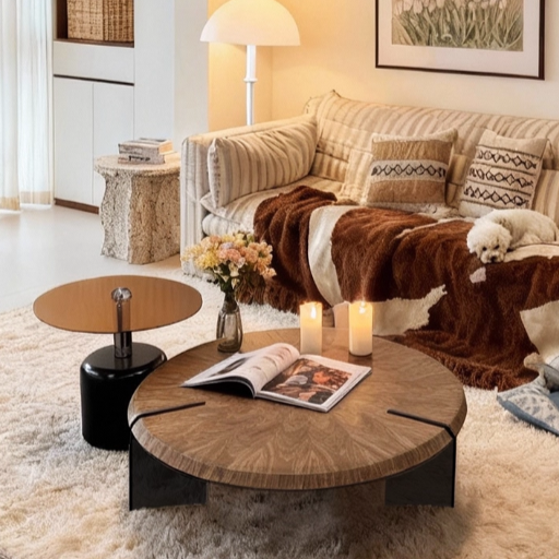 Traditional Vintage Round Multi-Layer Solid Wood Panel Tempered Glass Acrylic Stainless Steel Coffee Table For Living Room