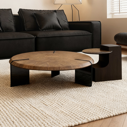 Traditional Vintage Round Multi-Layer Solid Wood Panel Tempered Glass Acrylic Stainless Steel Coffee Table For Living Room