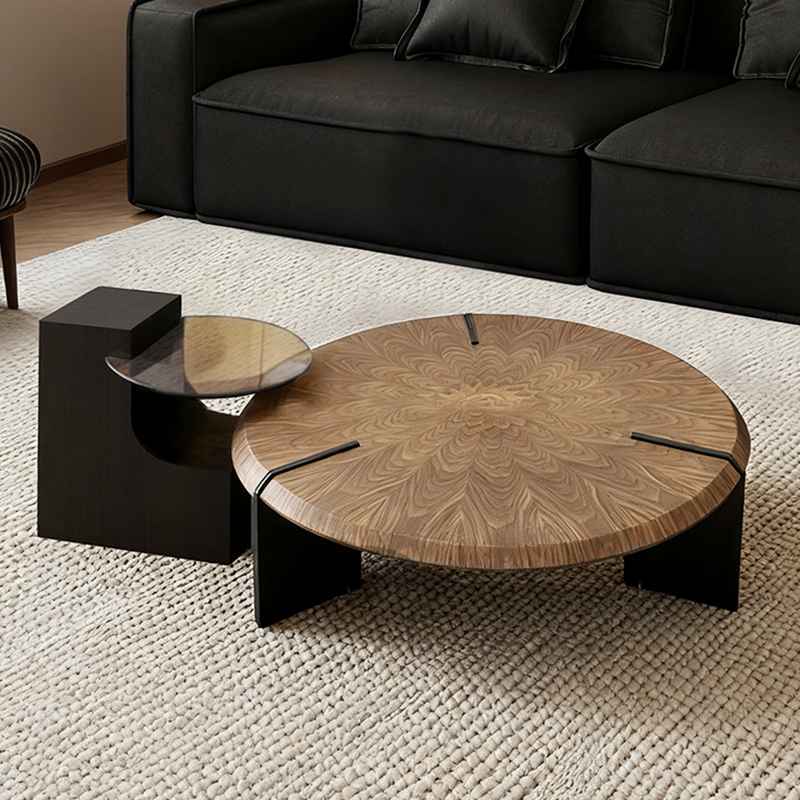 Traditional Vintage Round Multi-Layer Solid Wood Panel Tempered Glass Acrylic Stainless Steel Coffee Table For Living Room