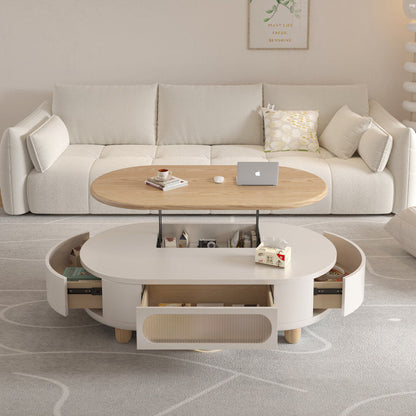 Contemporary Scandinavian Oval Multi-Layer Solid Wood Panel Solid Wood Drawers Extendable Coffee Table 3-Drawer For Living Room