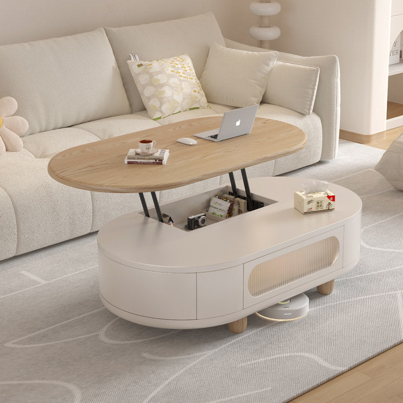 Contemporary Scandinavian Oval Multi-Layer Solid Wood Panel Solid Wood Drawers Extendable Coffee Table 3-Drawer For Living Room