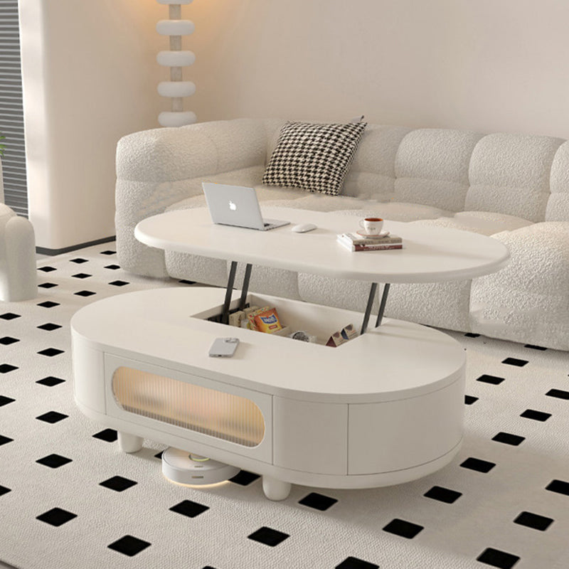 Contemporary Scandinavian Oval Multi-Layer Solid Wood Panel Solid Wood Drawers Extendable Coffee Table 3-Drawer For Living Room