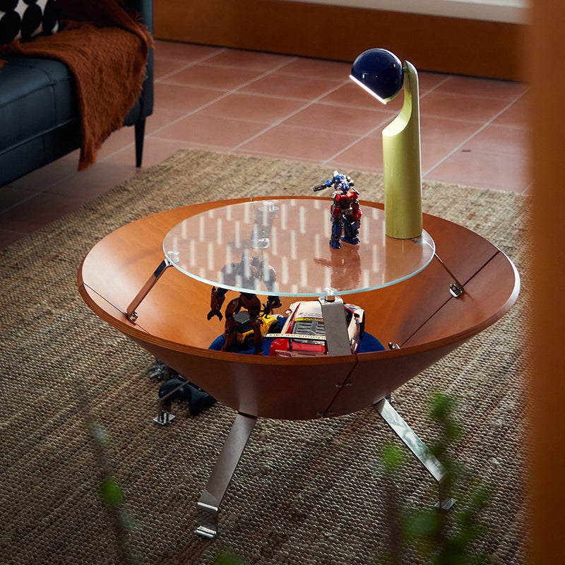 Contemporary Creative Round Multi-layer Solid Wood Panel Stainless Steel Tempered Glass Storage Coffee Table For Living Room
