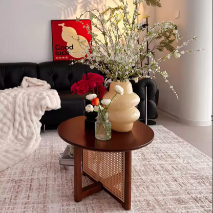Traditional Vintage Round Rubberwood Solid Wood PE Rattan Coffee Table For Living Room