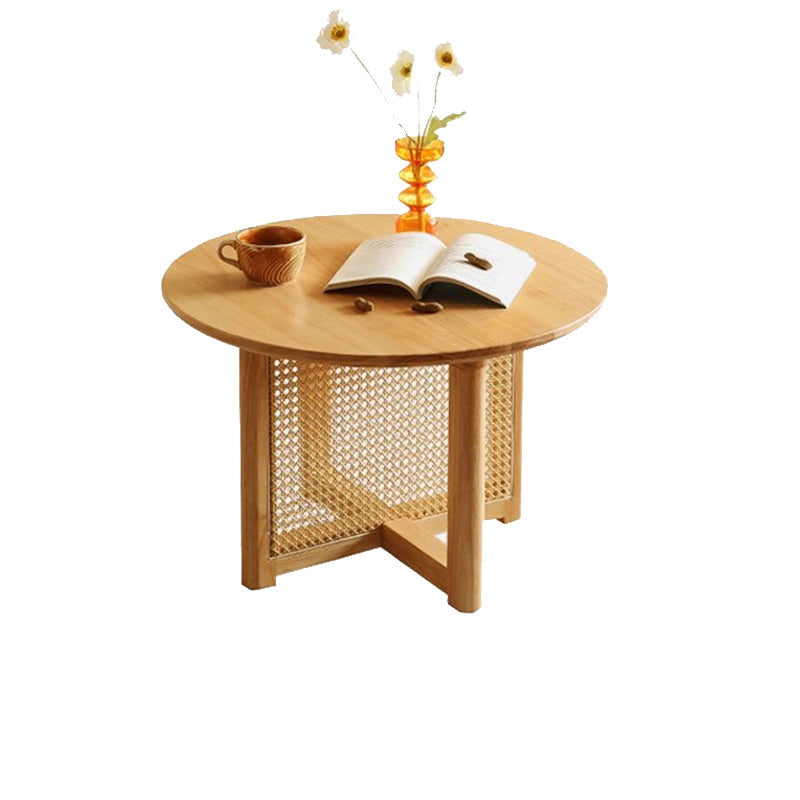 Traditional Vintage Round Rubberwood Solid Wood PE Rattan Coffee Table For Living Room