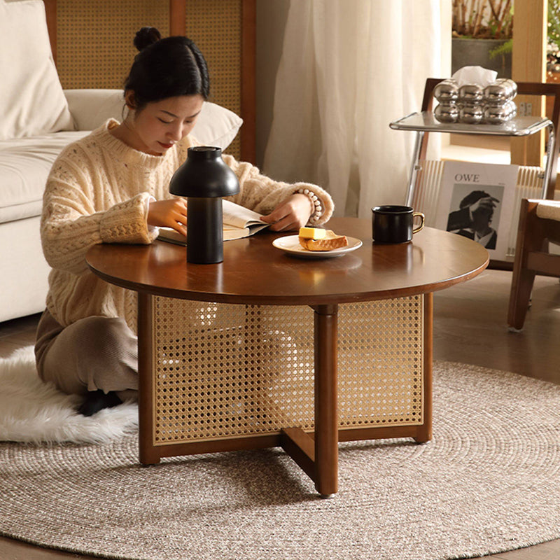 Traditional Vintage Round Rubberwood Solid Wood PE Rattan Coffee Table For Living Room
