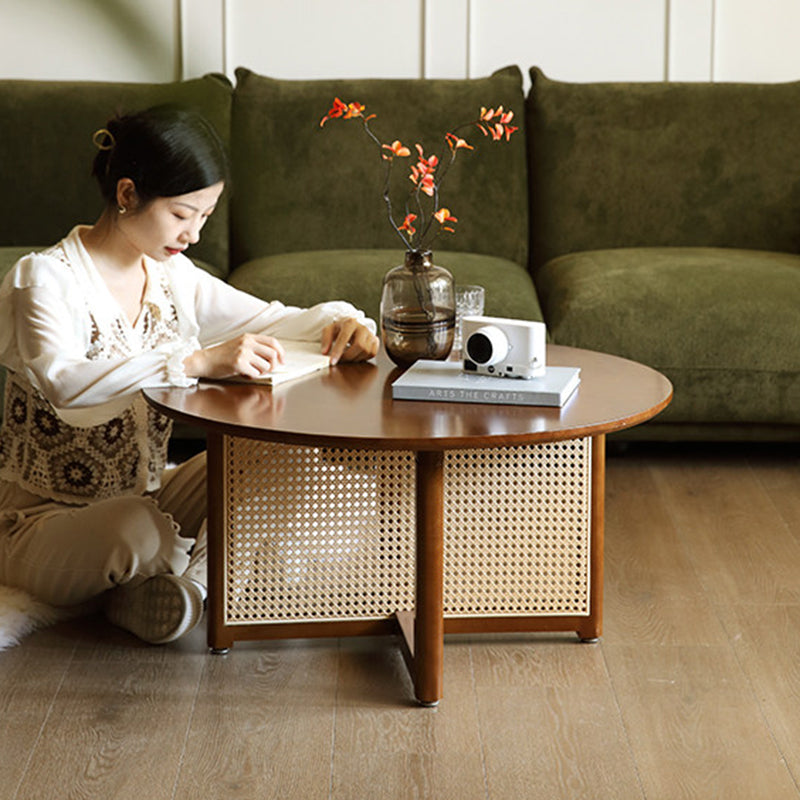 Traditional Vintage Round Rubberwood Solid Wood PE Rattan Coffee Table For Living Room