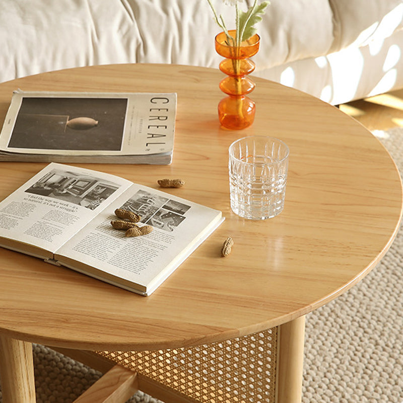 Traditional Vintage Round Rubberwood Solid Wood PE Rattan Coffee Table For Living Room