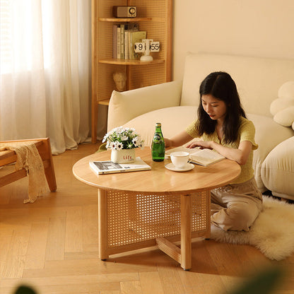 Traditional Vintage Round Rubberwood Solid Wood PE Rattan Coffee Table For Living Room