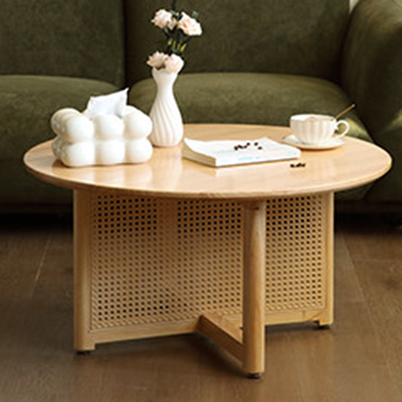 Traditional Vintage Round Rubberwood Solid Wood PE Rattan Coffee Table For Living Room