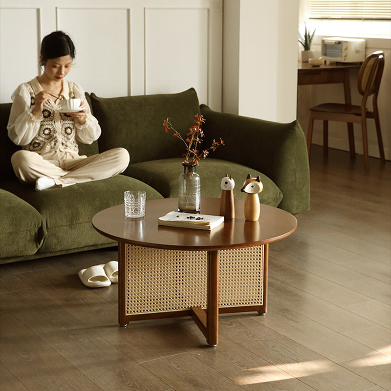 Traditional Vintage Round Rubberwood Solid Wood PE Rattan Coffee Table For Living Room