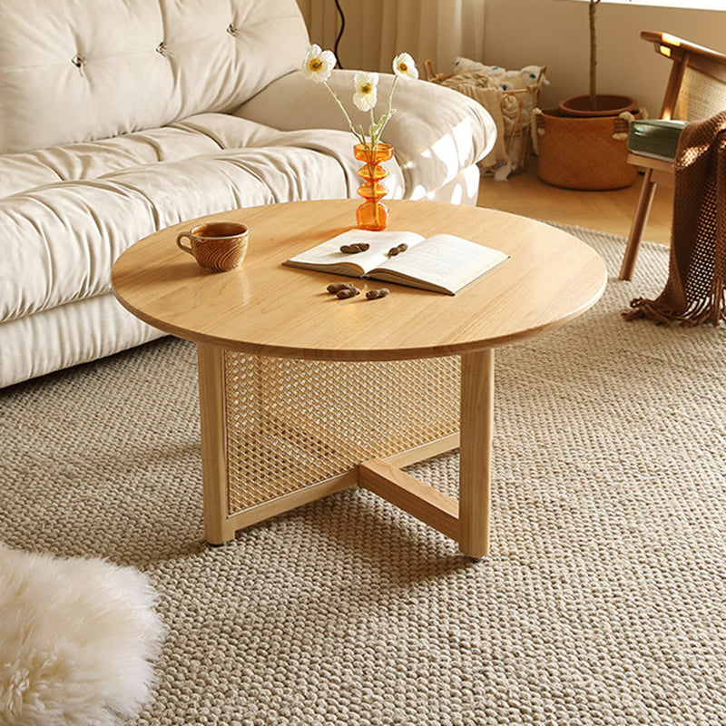 Traditional Vintage Round Rubberwood Solid Wood PE Rattan Coffee Table For Living Room
