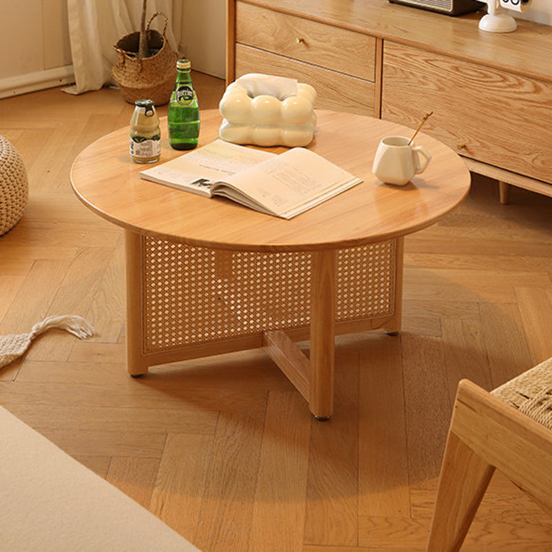 Traditional Vintage Round Rubberwood Solid Wood PE Rattan Coffee Table For Living Room