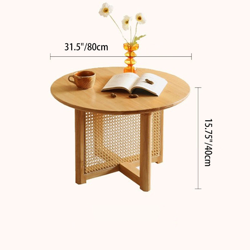 Traditional Vintage Round Rubberwood Solid Wood PE Rattan Coffee Table For Living Room