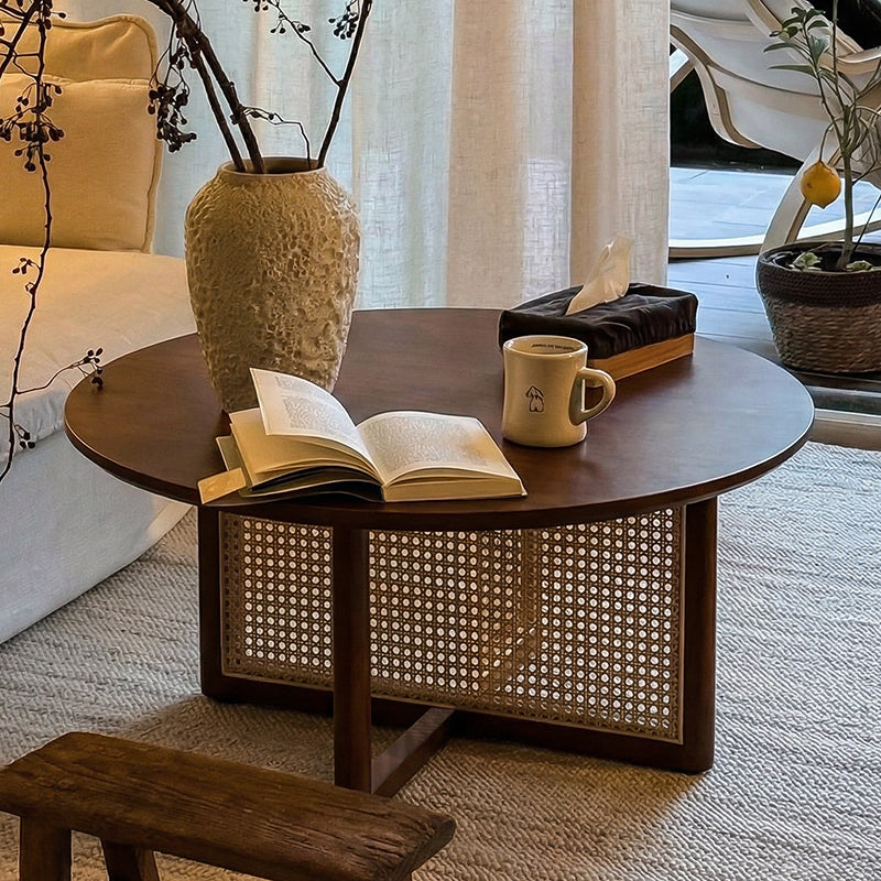 Traditional Vintage Round Rubberwood Solid Wood PE Rattan Coffee Table For Living Room