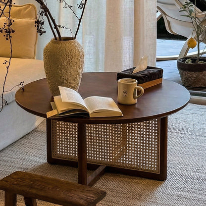 Traditional Vintage Round Rubberwood Solid Wood PE Rattan Coffee Table For Living Room