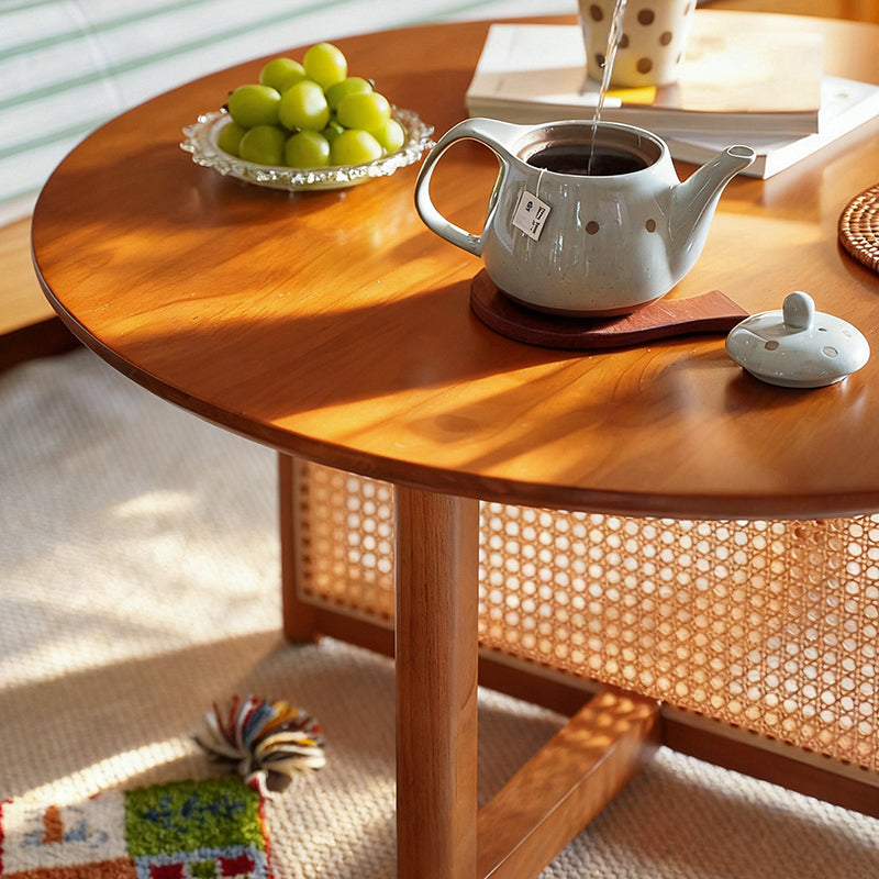 Traditional Vintage Round Rubberwood Solid Wood PE Rattan Coffee Table For Living Room