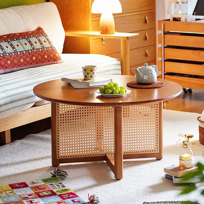 Traditional Vintage Round Rubberwood Solid Wood PE Rattan Coffee Table For Living Room