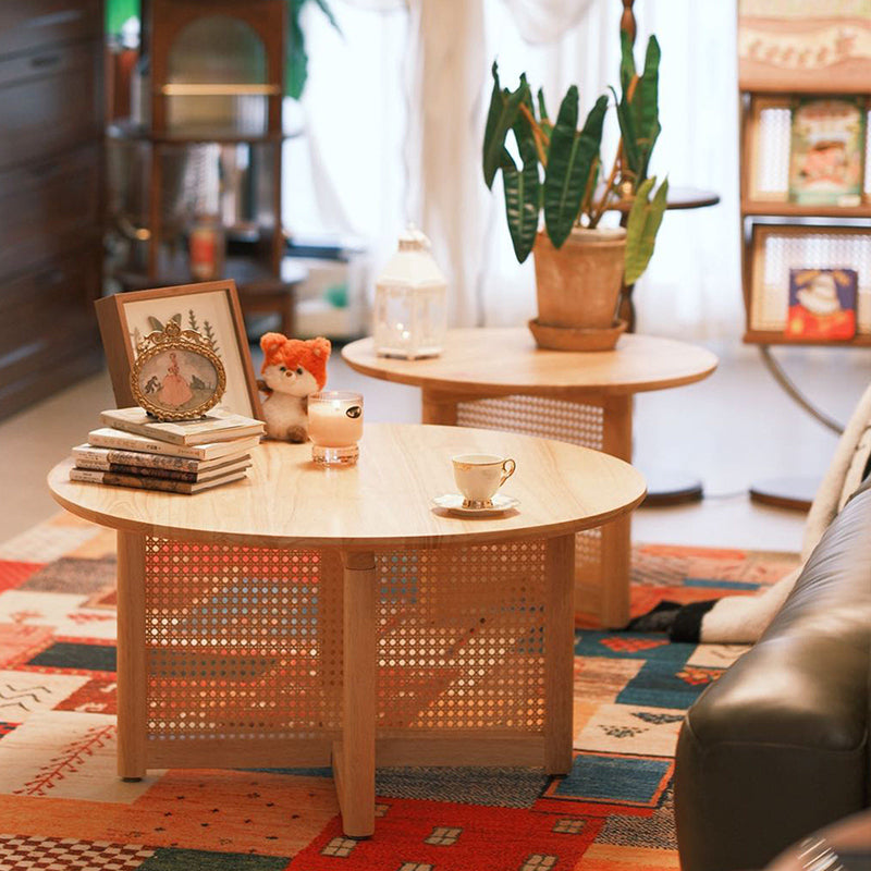 Traditional Vintage Round Rubberwood Solid Wood PE Rattan Coffee Table For Living Room