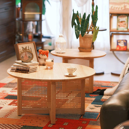 Traditional Vintage Round Rubberwood Solid Wood PE Rattan Coffee Table For Living Room