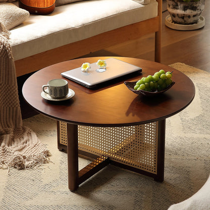 Traditional Vintage Round Rubberwood Solid Wood PE Rattan Coffee Table For Living Room