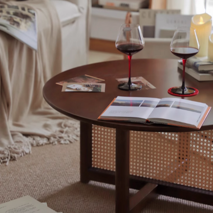 Traditional Vintage Round Rubberwood Solid Wood PE Rattan Coffee Table For Living Room