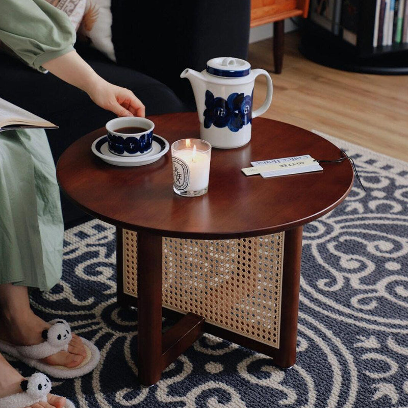 Traditional Vintage Round Rubberwood Solid Wood PE Rattan Coffee Table For Living Room