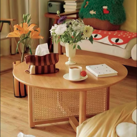 Traditional Vintage Round Rubberwood Solid Wood PE Rattan Coffee Table For Living Room