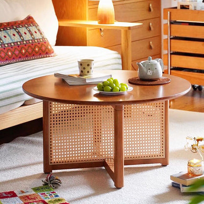 Traditional Vintage Round Rubberwood Solid Wood PE Rattan Coffee Table For Living Room
