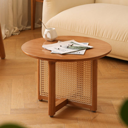 Traditional Vintage Round Rubberwood Solid Wood PE Rattan Coffee Table For Living Room