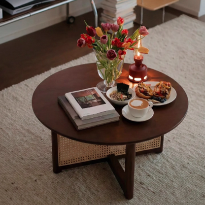 Traditional Vintage Round Rubberwood Solid Wood PE Rattan Coffee Table For Living Room