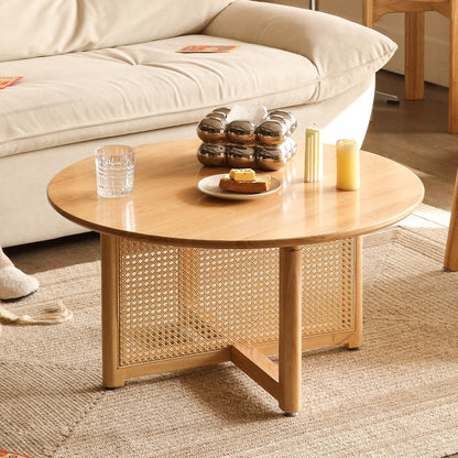 Traditional Vintage Round Rubberwood Solid Wood PE Rattan Coffee Table For Living Room