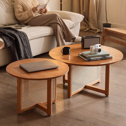 Traditional Vintage Round Rubberwood Solid Wood PE Rattan Coffee Table For Living Room