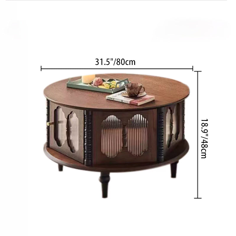 Traditional French Round Solid Ash Wood Multi-Layer Solid Wood Panel Storage Coffee Table For Living Room