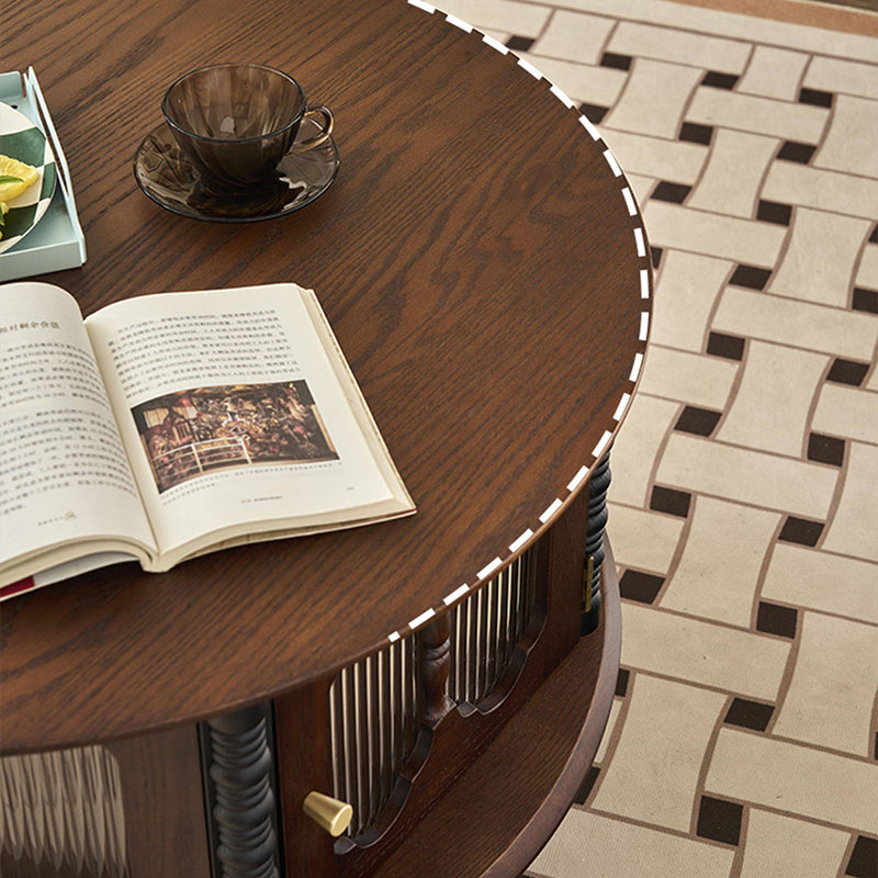 Traditional French Round Solid Ash Wood Multi-Layer Solid Wood Panel Storage Coffee Table For Living Room