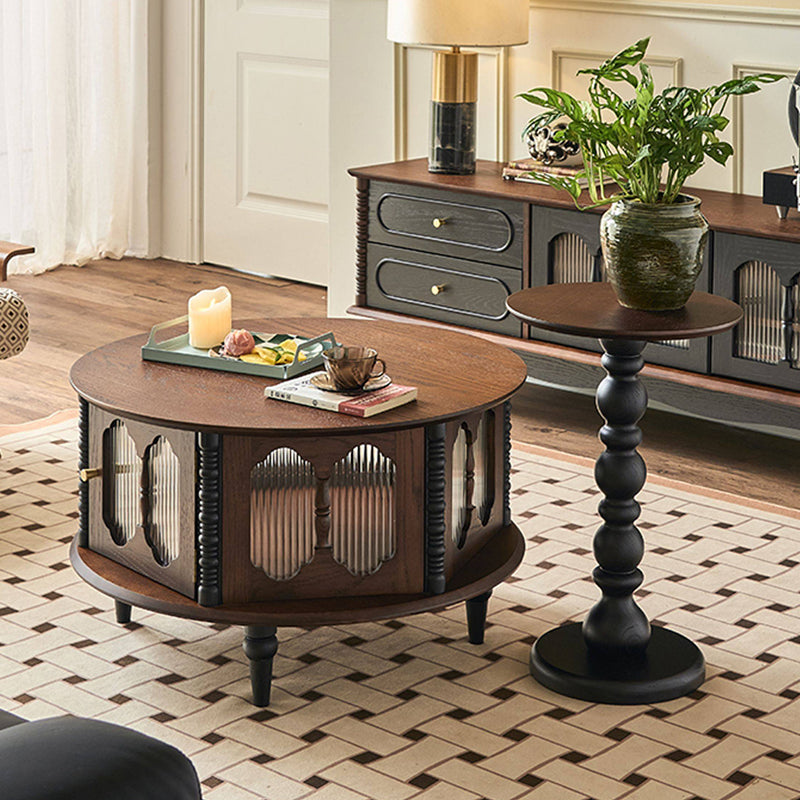 Traditional French Round Solid Ash Wood Multi-Layer Solid Wood Panel Storage Coffee Table For Living Room