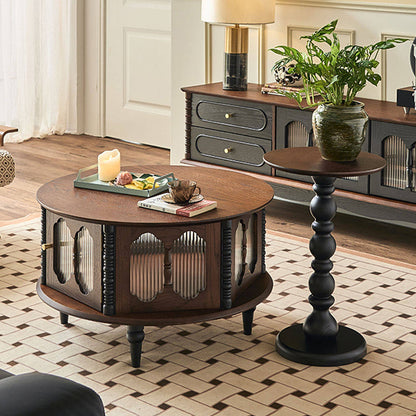 Traditional French Round Solid Ash Wood Multi-Layer Solid Wood Panel Storage Coffee Table For Living Room