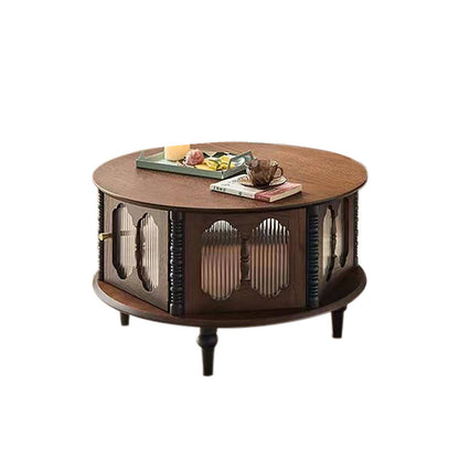 Traditional French Round Solid Ash Wood Multi-Layer Solid Wood Panel Storage Coffee Table For Living Room