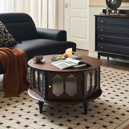 Traditional French Round Solid Ash Wood Multi-Layer Solid Wood Panel Storage Coffee Table For Living Room