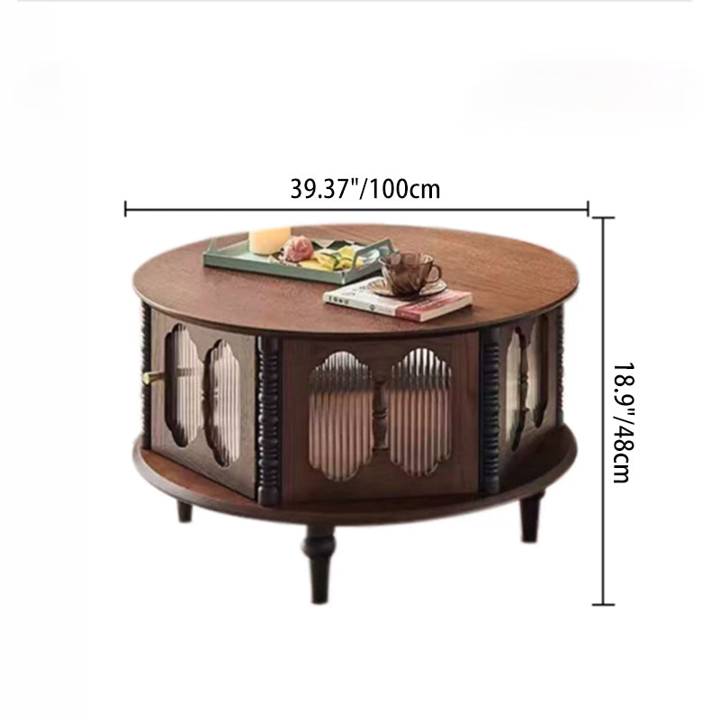 Traditional French Round Solid Ash Wood Multi-Layer Solid Wood Panel Storage Coffee Table For Living Room