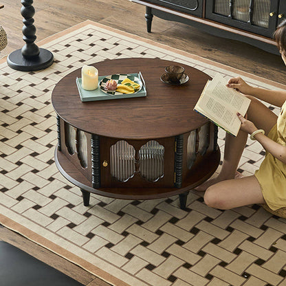 Traditional French Round Solid Ash Wood Multi-Layer Solid Wood Panel Storage Coffee Table For Living Room