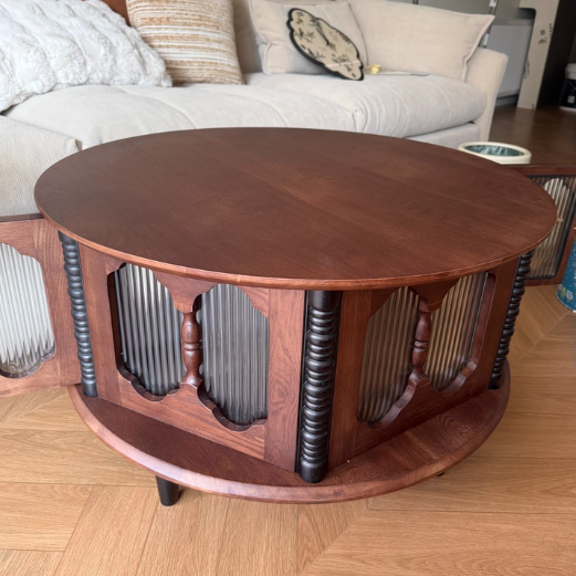 Traditional French Round Solid Ash Wood Multi-Layer Solid Wood Panel Storage Coffee Table For Living Room