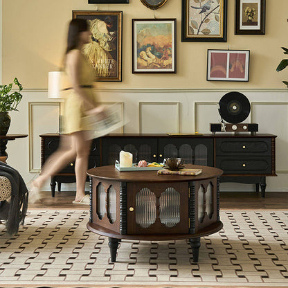 Traditional French Round Solid Ash Wood Multi-Layer Solid Wood Panel Storage Coffee Table For Living Room