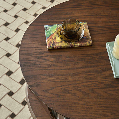 Traditional French Round Solid Ash Wood Multi-Layer Solid Wood Panel Storage Coffee Table For Living Room