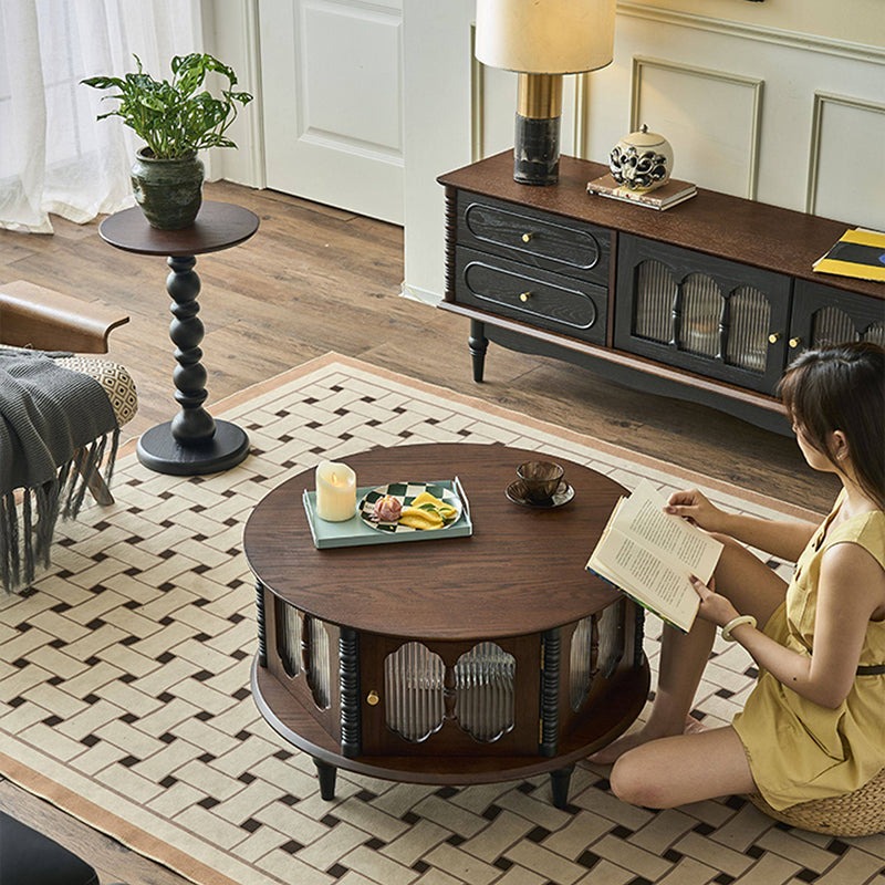 Traditional French Round Solid Ash Wood Multi-Layer Solid Wood Panel Storage Coffee Table For Living Room