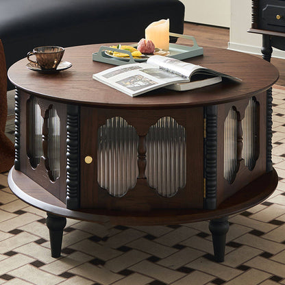 Traditional French Round Solid Ash Wood Multi-Layer Solid Wood Panel Storage Coffee Table For Living Room