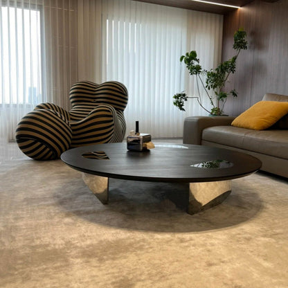 Modern Luxury Round Multi-Layer Solid Wood Panel Stainless Steel Coffee Table For Living Room
